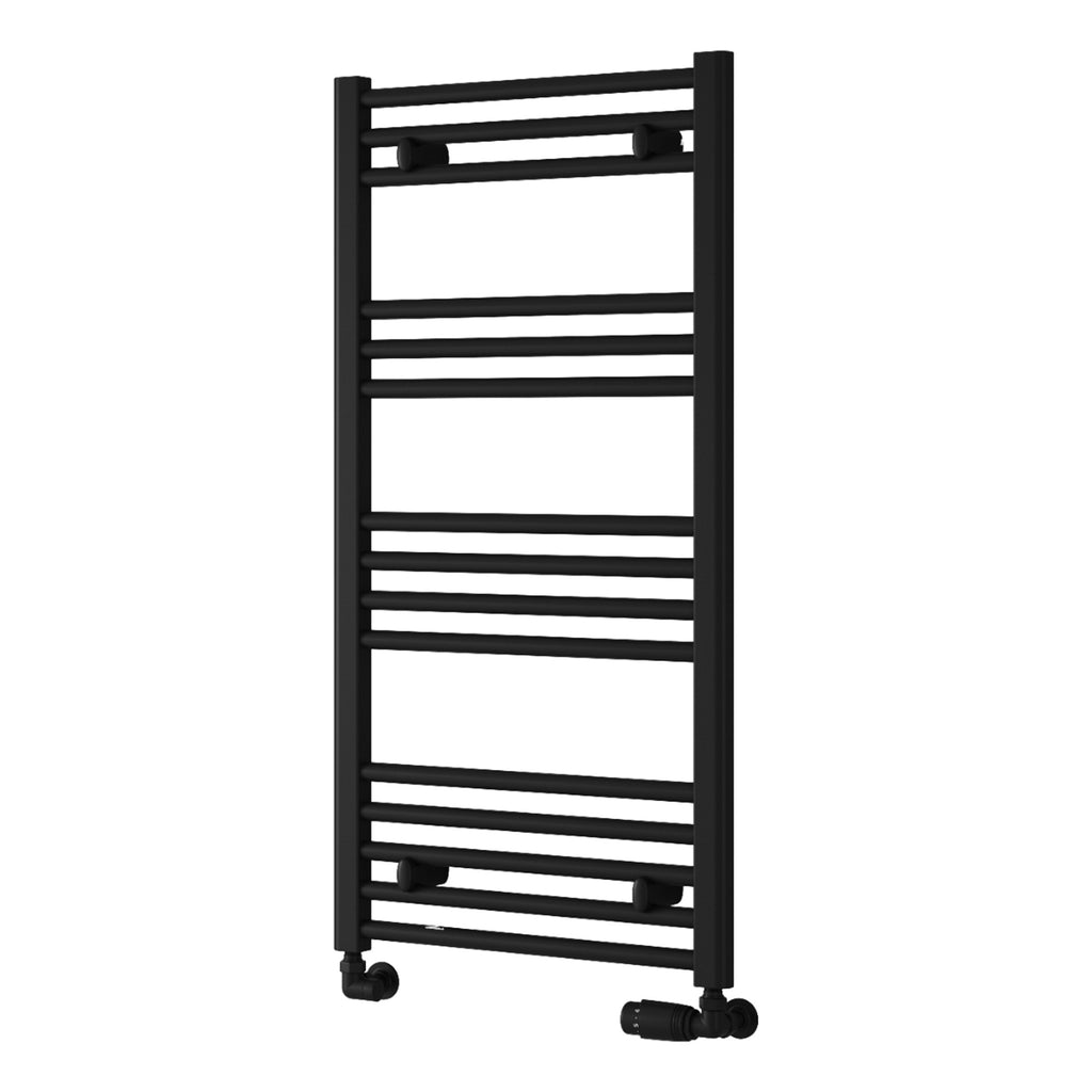 Reina Capo Flat Black Bathroom Heated Towel Rail 1000 x 500mm with Dual Fuel Manual Valves - Stylish Mild Steel Ladder Radiator