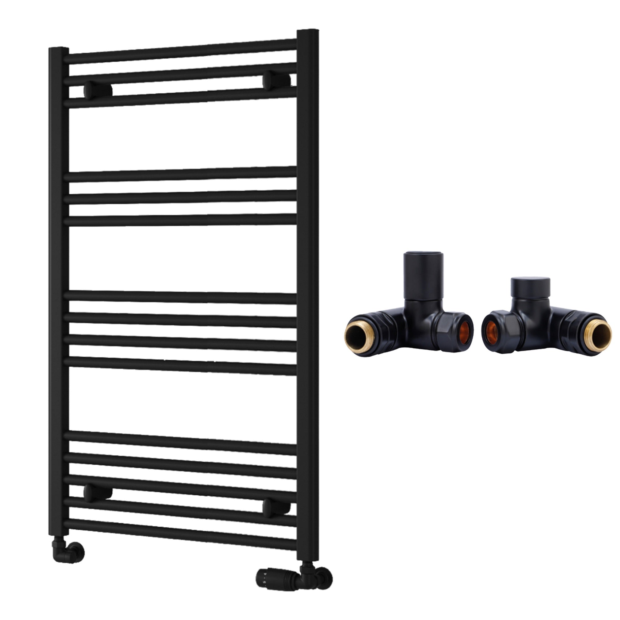 Reina Capo Flat Black Bathroom Heated Towel Rail 1000 x 600mm with Dual Fuel Manual Valves - Stylish Mild Steel Ladder Radiator