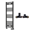 Reina Capo Flat Black Bathroom Heated Towel Rail 1200 x 400mm with Dual Fuel Manual Valves - Stylish Mild Steel Ladder Radiator