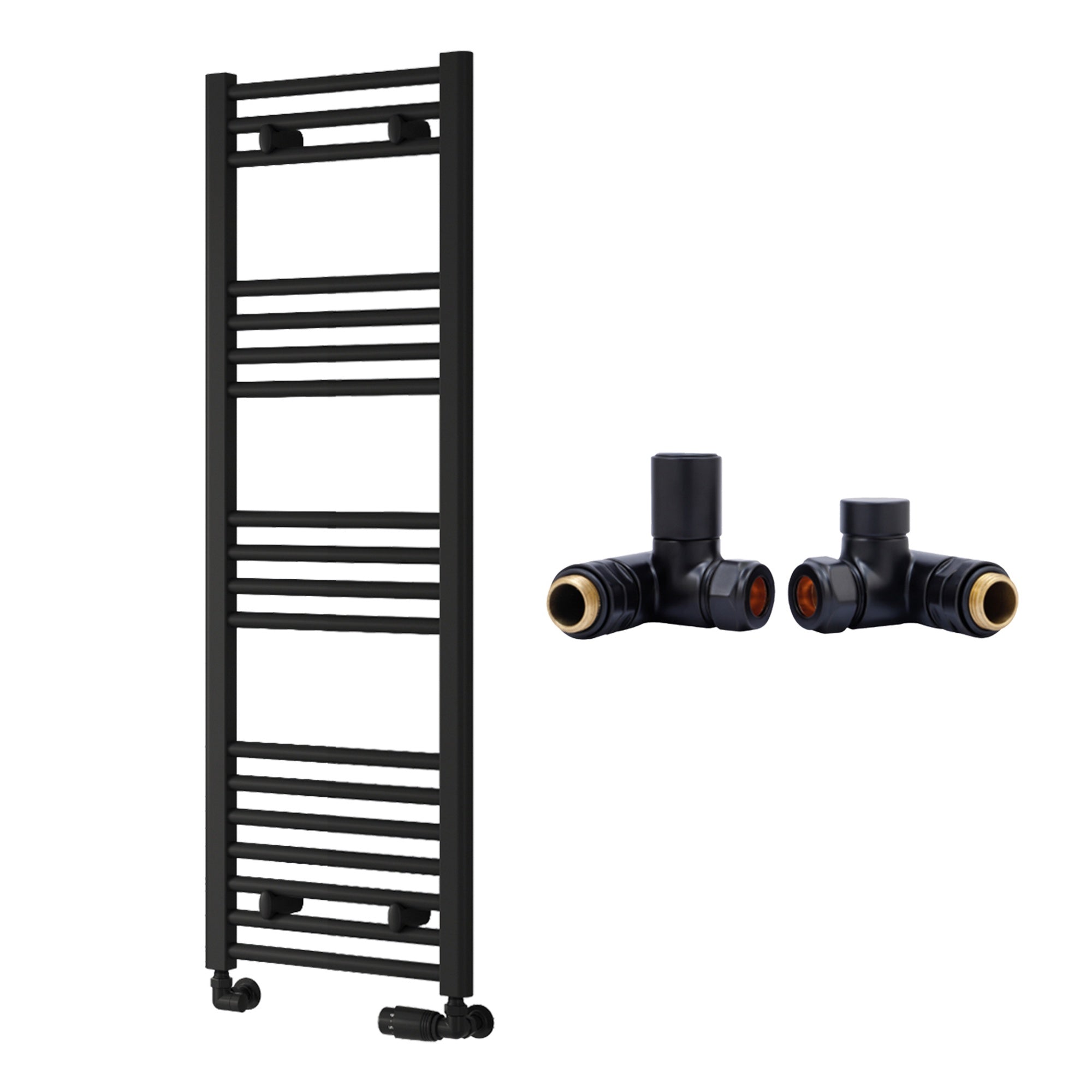 Reina Capo Flat Black Bathroom Heated Towel Rail 1200 x 400mm with Dual Fuel Manual Valves - Stylish Mild Steel Ladder Radiator