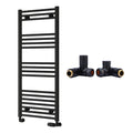 Reina Capo Flat Black Bathroom Heated Towel Rail 1200 x 500mm with Dual Fuel Manual Valves - Stylish Mild Steel Ladder Radiator