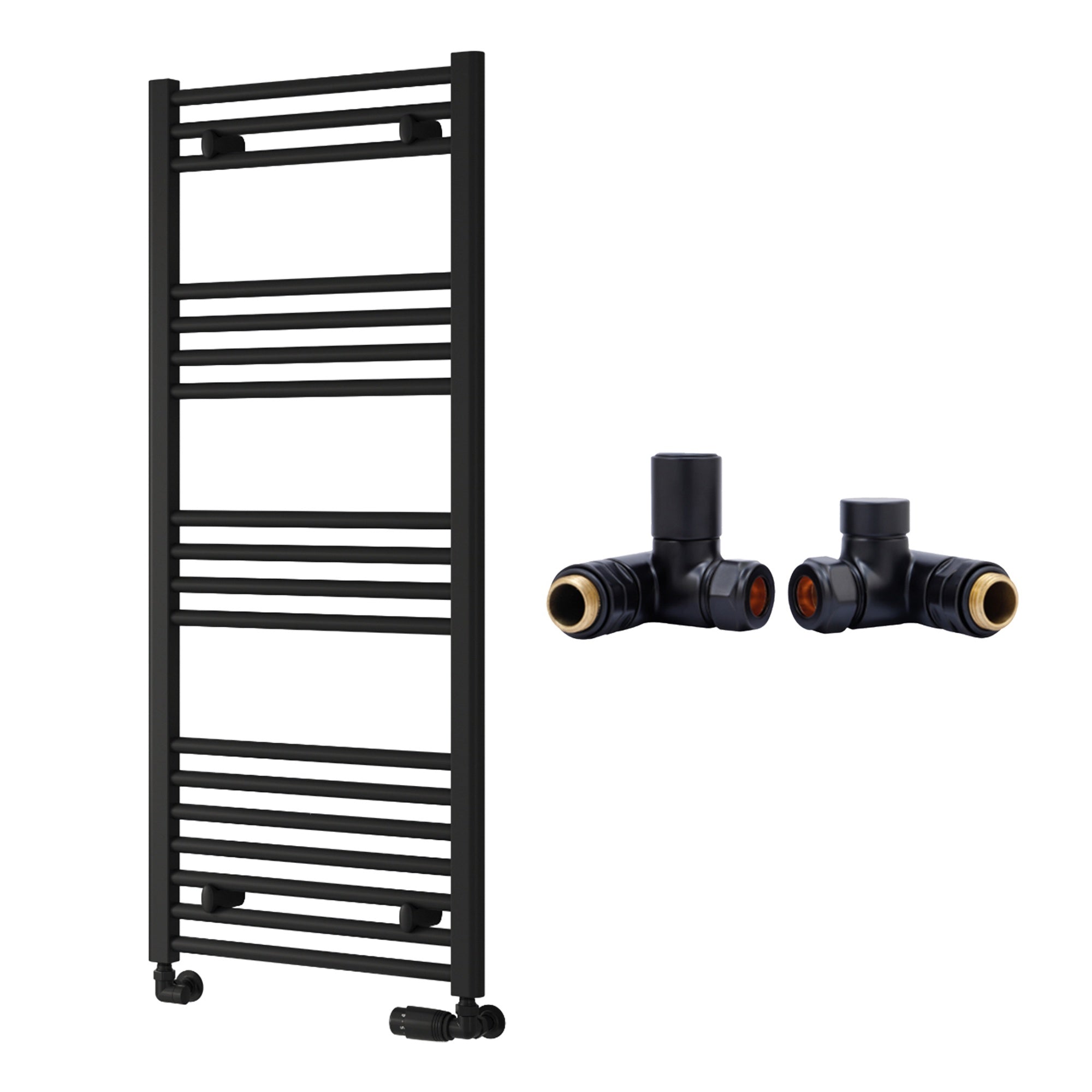 Reina Capo Flat Black Bathroom Heated Towel Rail 1200 x 500mm with Dual Fuel Manual Valves - Stylish Mild Steel Ladder Radiator