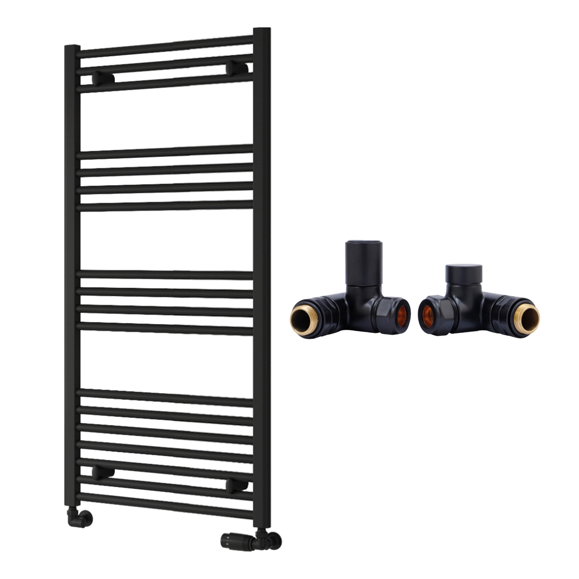 Reina Capo Flat Black Bathroom Heated Towel Rail 1200 x 600mm with Dual Fuel Manual Valves - Stylish Mild Steel Ladder Radiator