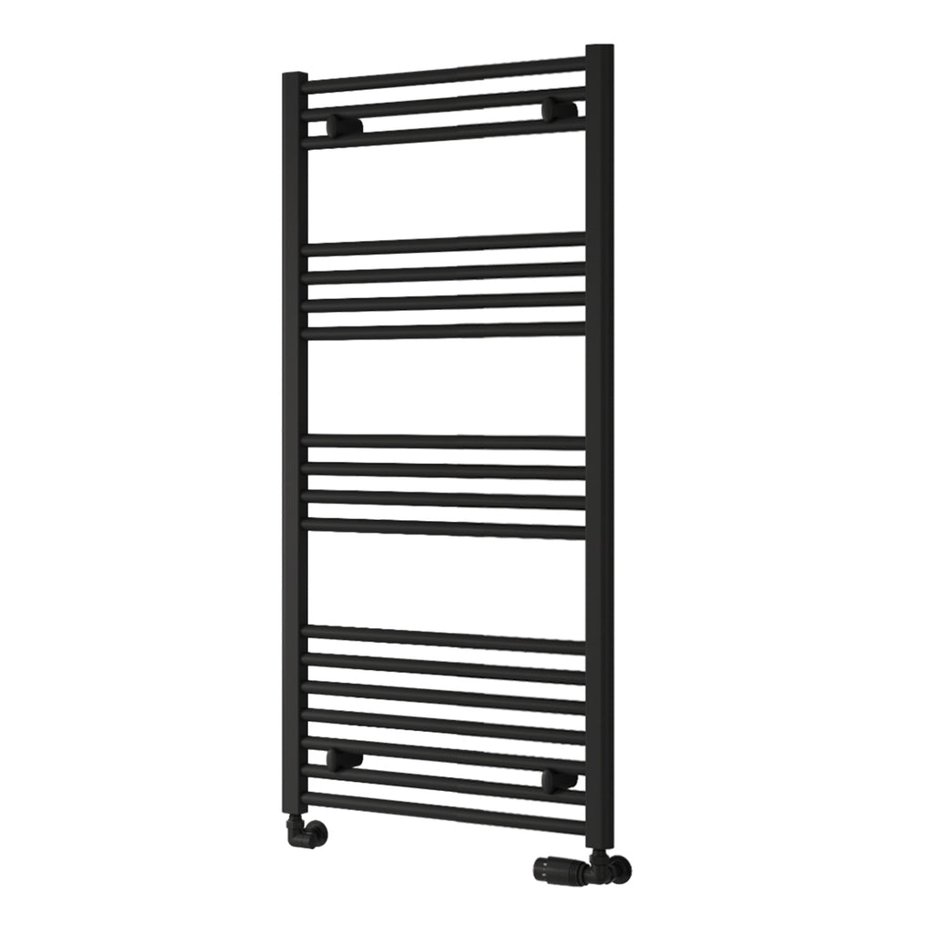 Reina Capo Flat Black Bathroom Heated Towel Rail 1200 x 600mm with Dual Fuel Manual Valves - Stylish Mild Steel Ladder Radiator
