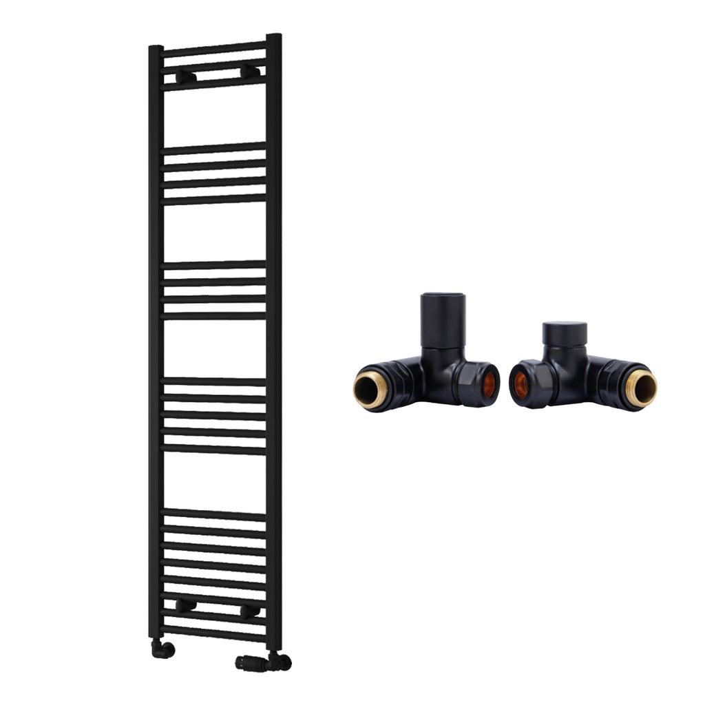Reina Capo Flat Black Bathroom Heated Towel Rail 1600 x 400mm with Dual Fuel Manual Valves - Stylish Mild Steel Ladder Radiator