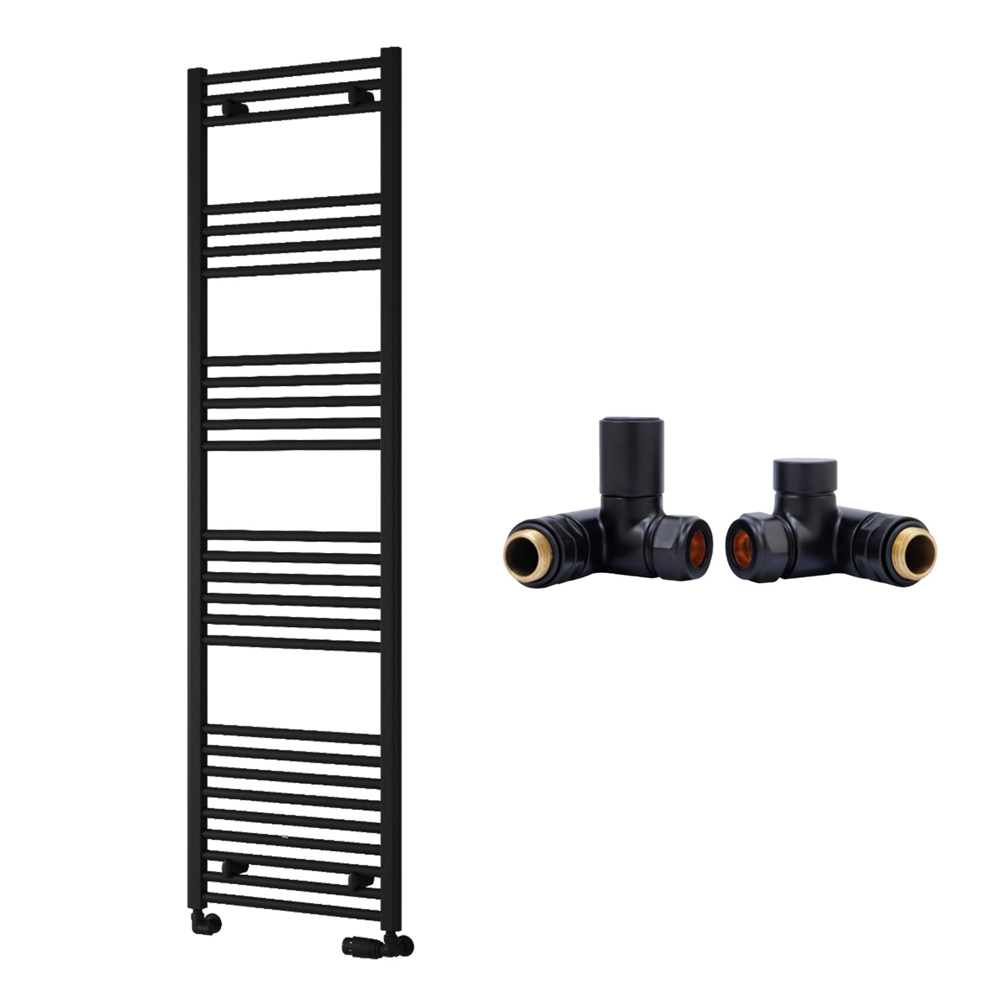 Reina Capo Flat Black Bathroom Heated Towel Rail 1600 x 500mm with Dual Fuel Manual Valves - Stylish Mild Steel Ladder Radiator