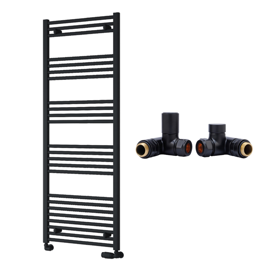 Reina Capo Flat Black Bathroom Heated Towel Rail 1600 x 600mm with Dual Fuel Manual Valves - Stylish Mild Steel Ladder Radiator