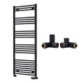 Reina Capo Flat Black Bathroom Heated Towel Rail 1600 x 600mm with Dual Fuel Manual Valves - Stylish Mild Steel Ladder Radiator