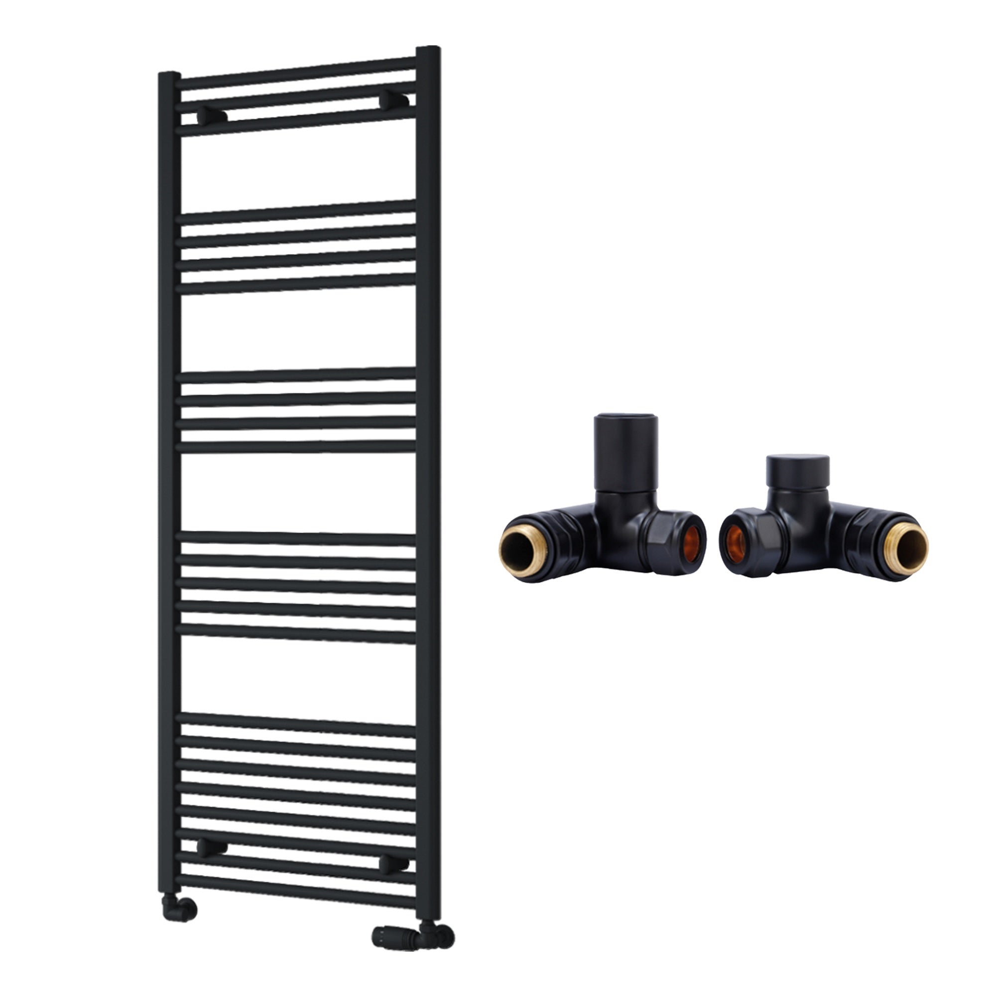 Reina Capo Flat Black Bathroom Heated Towel Rail 1600 x 600mm with Dual Fuel Manual Valves - Stylish Mild Steel Ladder Radiator