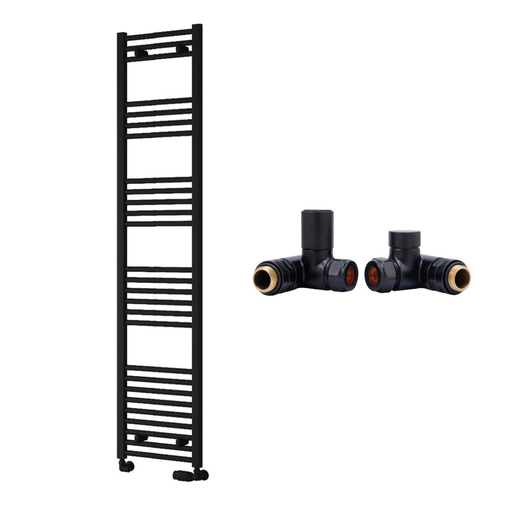 Reina Capo Flat Black Bathroom Heated Towel Rail 1800 x 500mm with Dual Fuel Manual Valves - Stylish Mild Steel Ladder Radiator