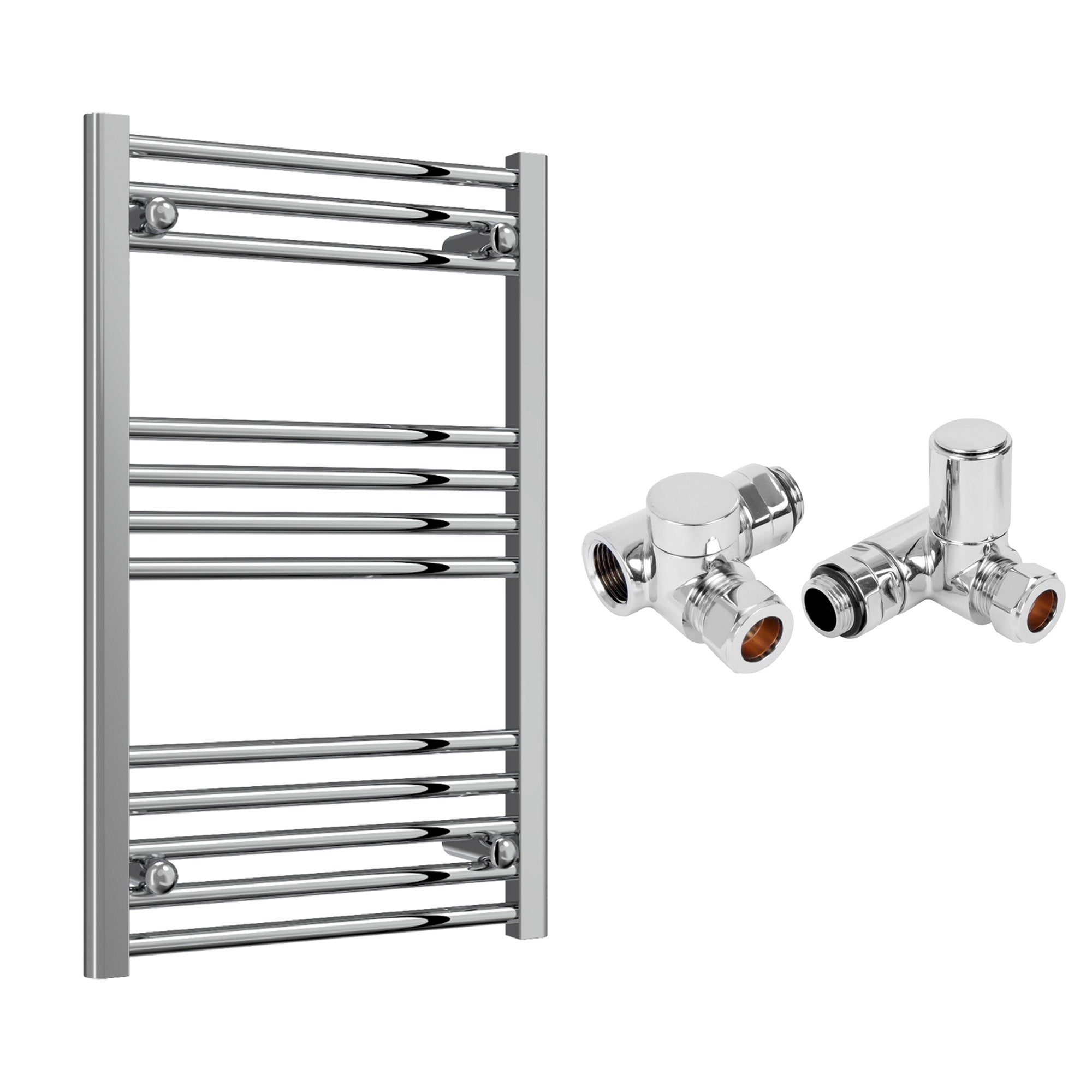 Reina Capo Flat Chrome Bathroom Heated Towel Rail 800 x 400mm with Dual Fuel Manual Valves - Stylish Mild Steel Ladder Radiator