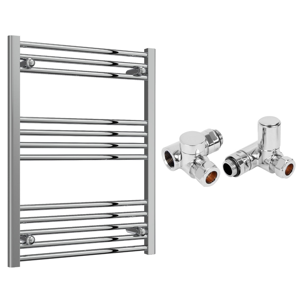 Reina Capo Flat Chrome Bathroom Heated Towel Rail 800 x 600mm with Dual Fuel Manual Valves - Stylish Mild Steel Ladder Radiator