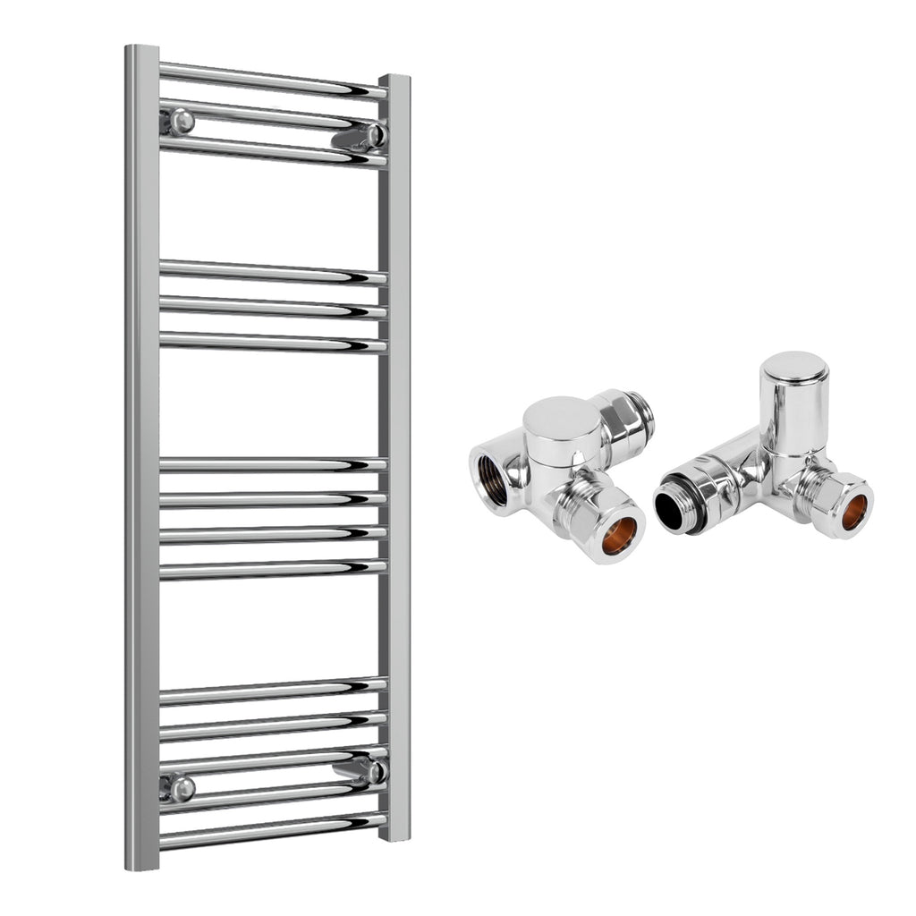 Reina Capo Flat Chrome Bathroom Heated Towel Rail 1000 x 400mm with Dual Fuel Manual Valves - Stylish Mild Steel Ladder Radiator