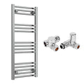 Reina Capo Flat Chrome Bathroom Heated Towel Rail 1000 x 400mm with Dual Fuel Manual Valves - Stylish Mild Steel Ladder Radiator