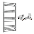 Reina Capo Flat Chrome Bathroom Heated Towel Rail 1000 x 500mm with Dual Fuel Manual Valves - Stylish Mild Steel Ladder Radiator