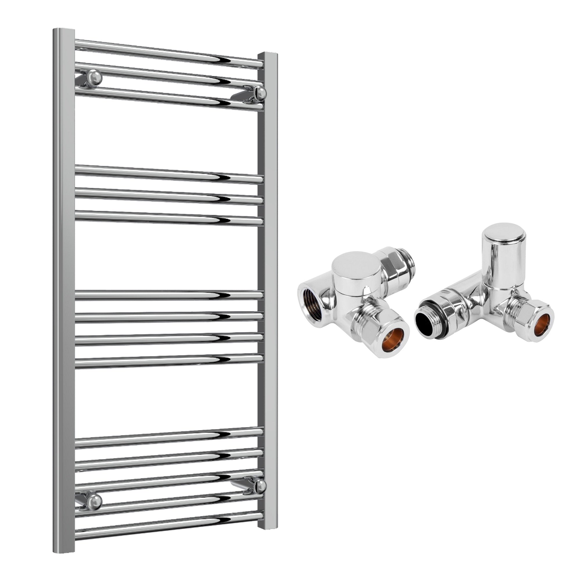 Reina Capo Flat Chrome Bathroom Heated Towel Rail 1000 x 500mm with Dual Fuel Manual Valves - Stylish Mild Steel Ladder Radiator