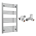 Reina Capo Flat Chrome Bathroom Heated Towel Rail 1000 x 600mm with Dual Fuel Manual Valves - Stylish Mild Steel Ladder Radiator
