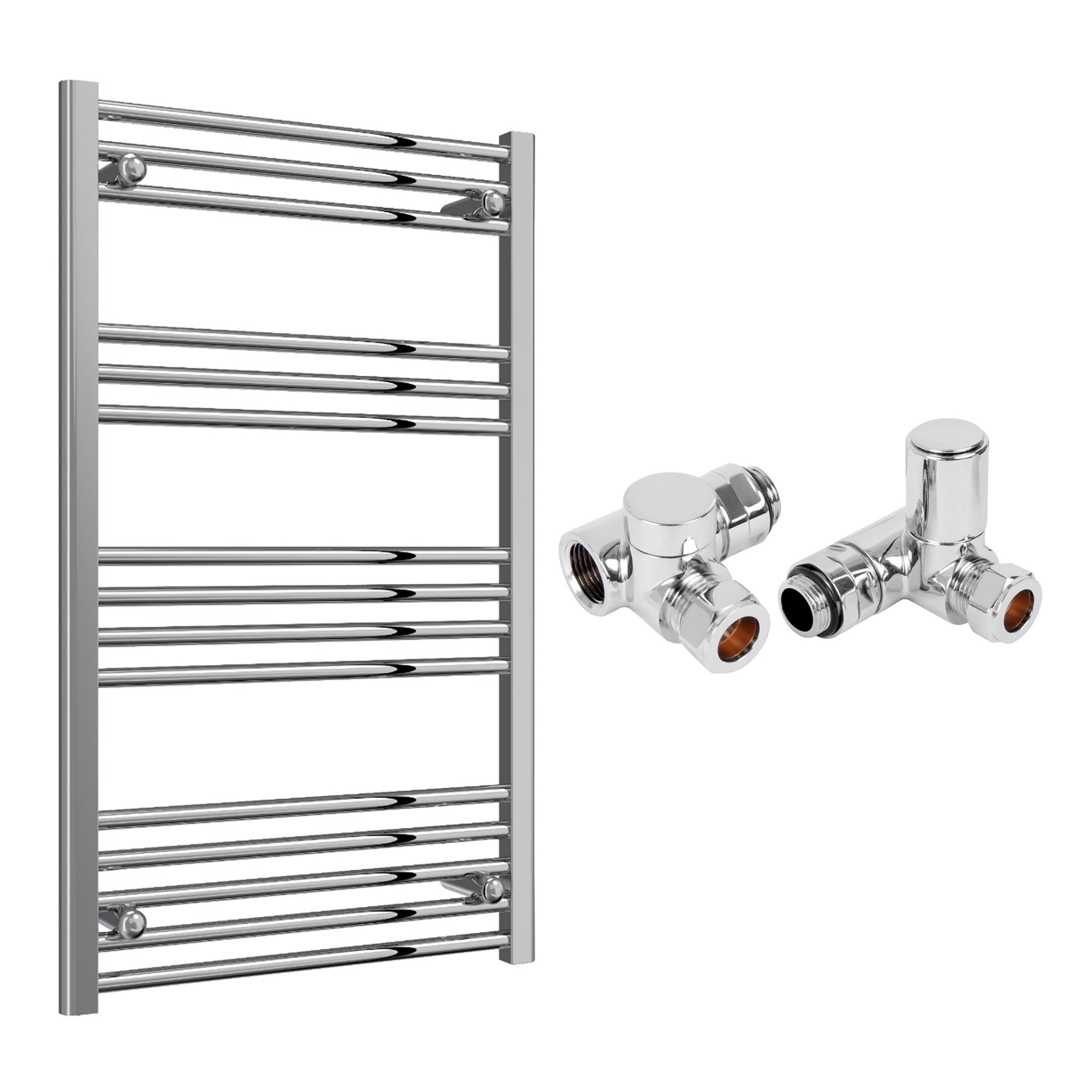 Reina Capo Flat Chrome Bathroom Heated Towel Rail 1000 x 600mm with Dual Fuel Manual Valves - Stylish Mild Steel Ladder Radiator