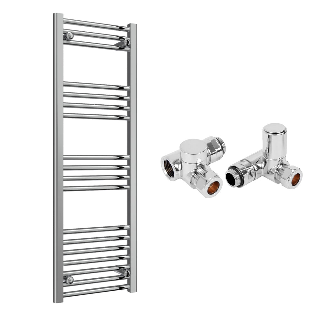 Reina Capo Flat Chrome Bathroom Heated Towel Rail 1200 x 400mm with Dual Fuel Manual Valves - Stylish Mild Steel Ladder Radiator