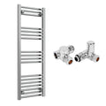 Reina Capo Flat Chrome Bathroom Heated Towel Rail 1200 x 400mm with Dual Fuel Manual Valves - Stylish Mild Steel Ladder Radiator