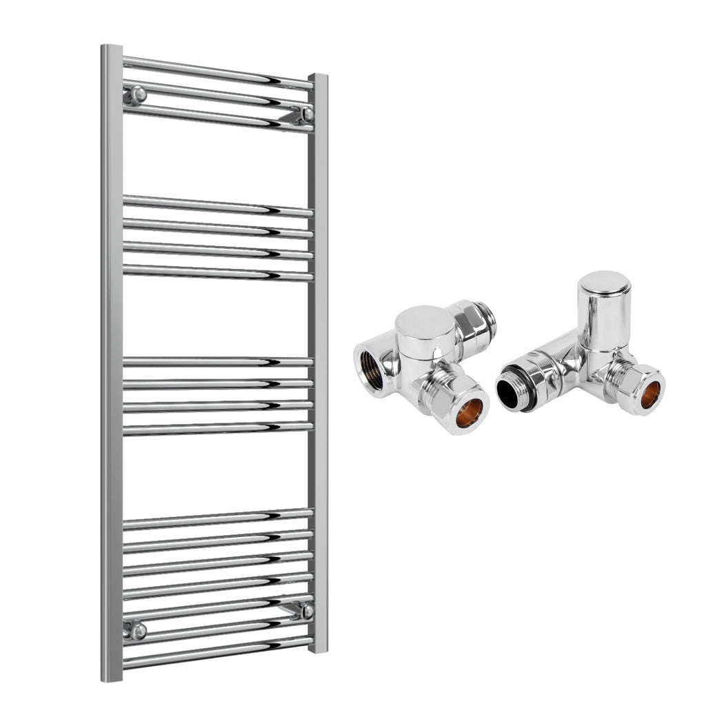 Reina Capo Flat Chrome Bathroom Heated Towel Rail 1200 x 500mm with Dual Fuel Manual Valves - Stylish Mild Steel Ladder Radiator