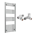 Reina Capo Flat Chrome Bathroom Heated Towel Rail 1200 x 500mm with Dual Fuel Manual Valves - Stylish Mild Steel Ladder Radiator