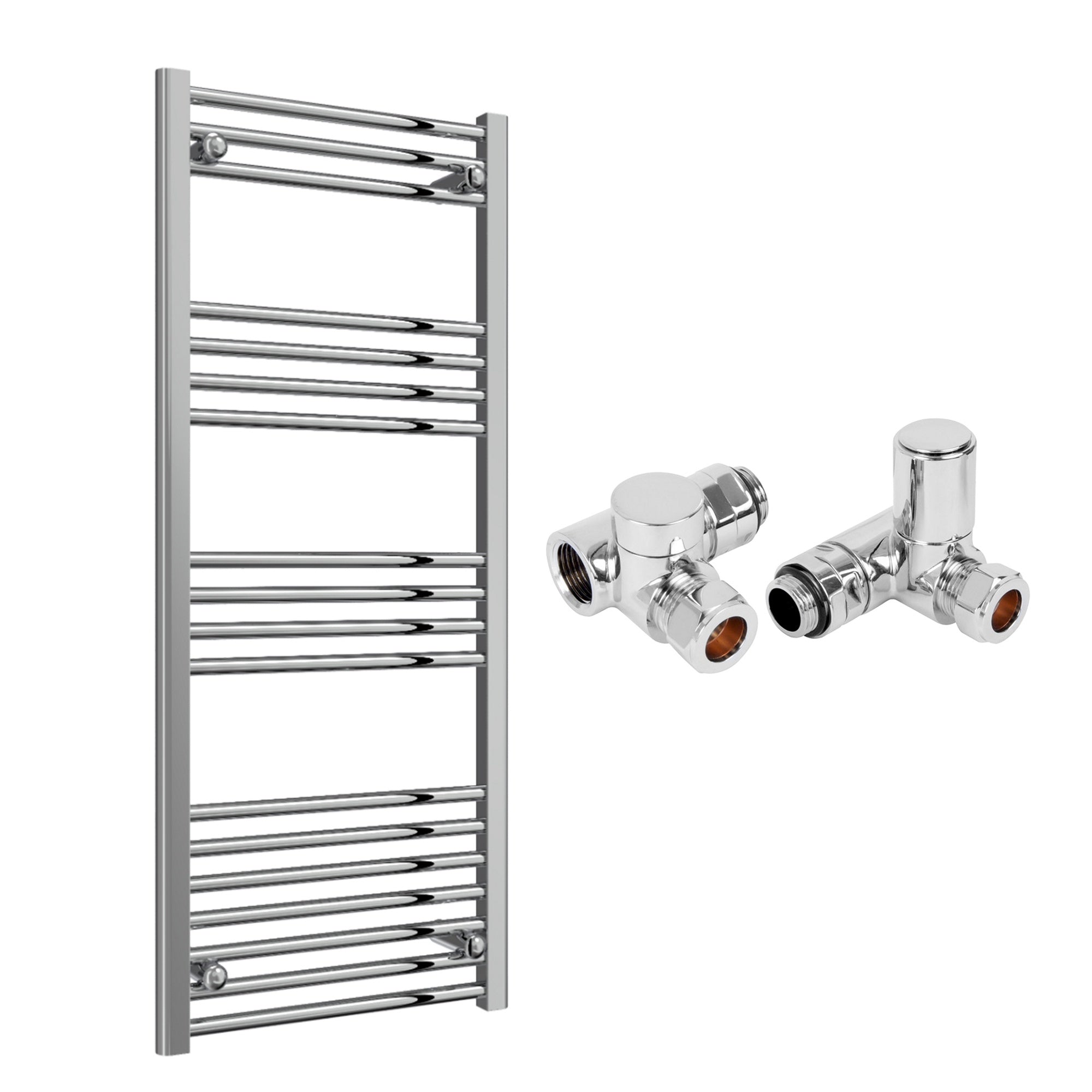 Reina Capo Flat Chrome Bathroom Heated Towel Rail 1200 x 500mm with Dual Fuel Manual Valves - Stylish Mild Steel Ladder Radiator