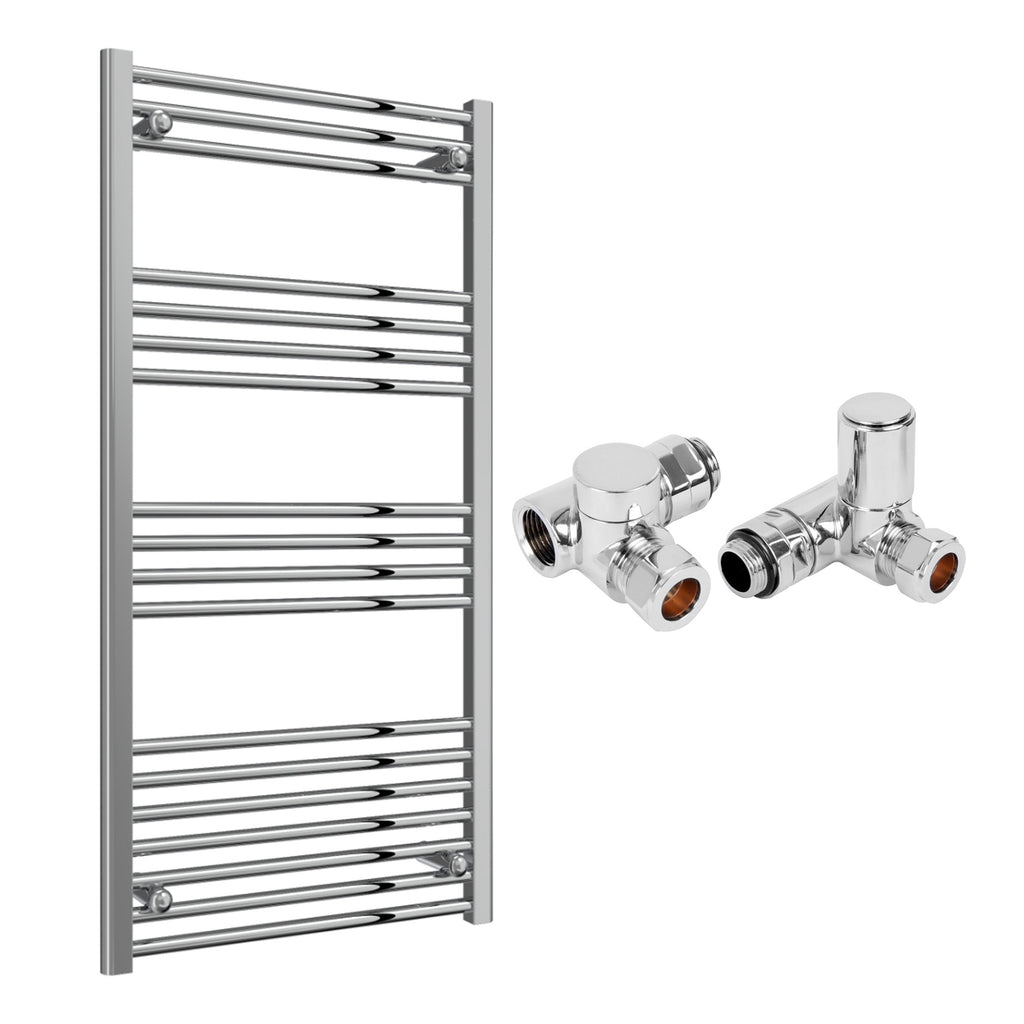 Reina Capo Flat Chrome Bathroom Heated Towel Rail 1200 x 600mm with Dual Fuel Manual Valves - Stylish Mild Steel Ladder Radiator