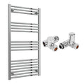 Reina Capo Flat Chrome Bathroom Heated Towel Rail 1200 x 600mm with Dual Fuel Manual Valves - Stylish Mild Steel Ladder Radiator