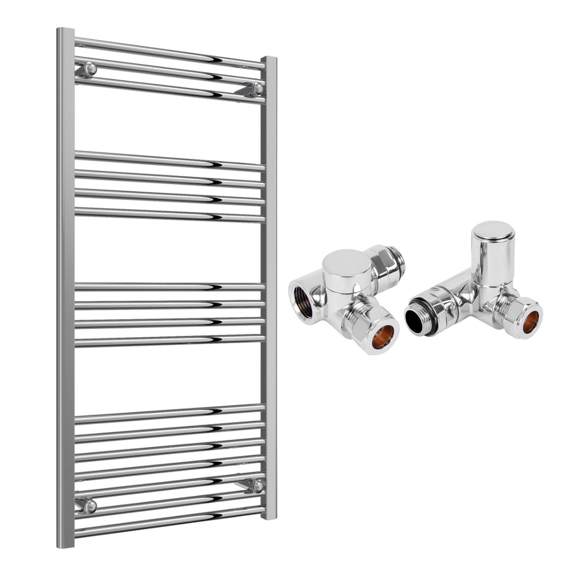 Reina Capo Flat Chrome Bathroom Heated Towel Rail 1200 x 600mm with Dual Fuel Manual Valves - Stylish Mild Steel Ladder Radiator