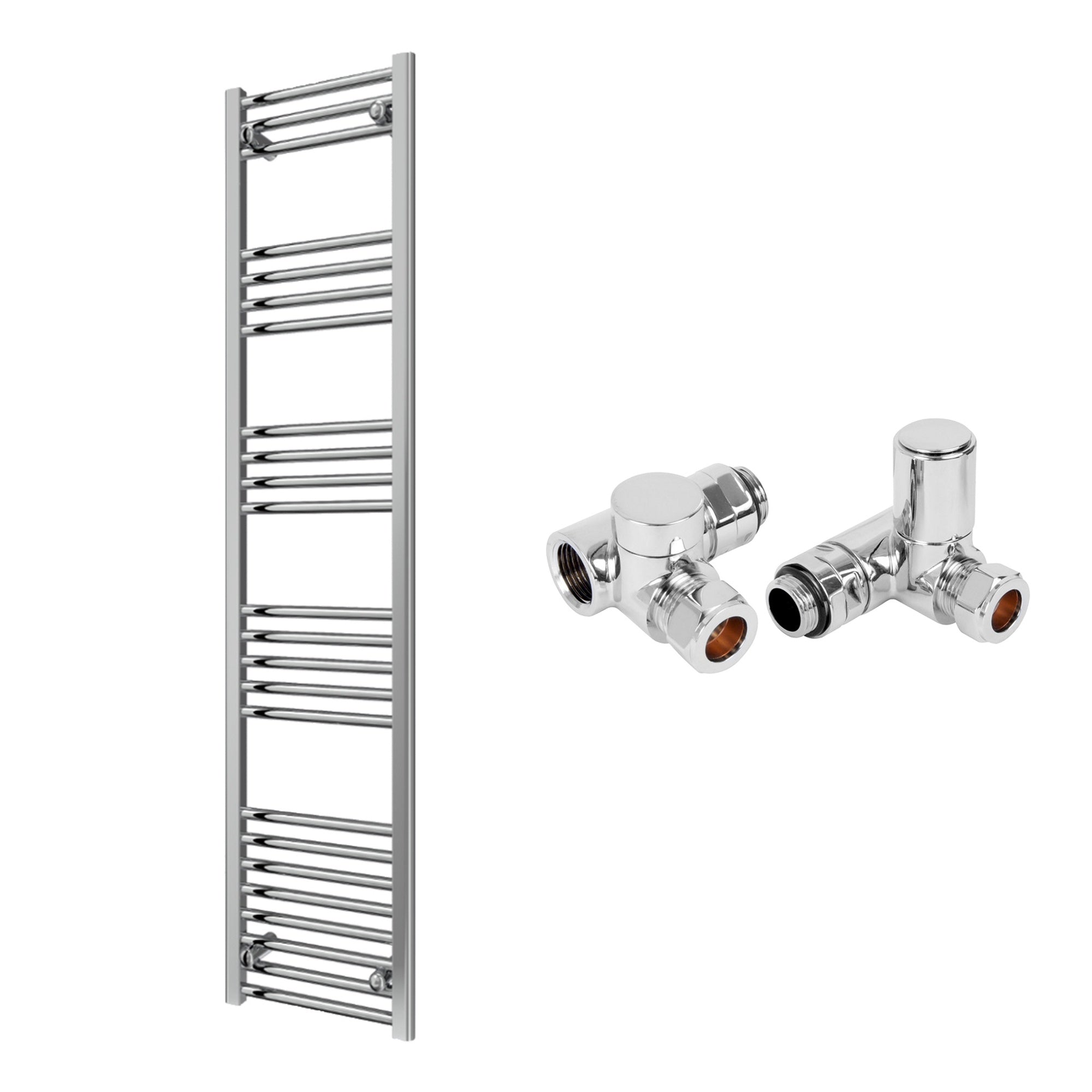 Reina Capo Flat Chrome Bathroom Heated Towel Rail 1600 x 400mm with Dual Fuel Manual Valves - Stylish Mild Steel Ladder Radiator