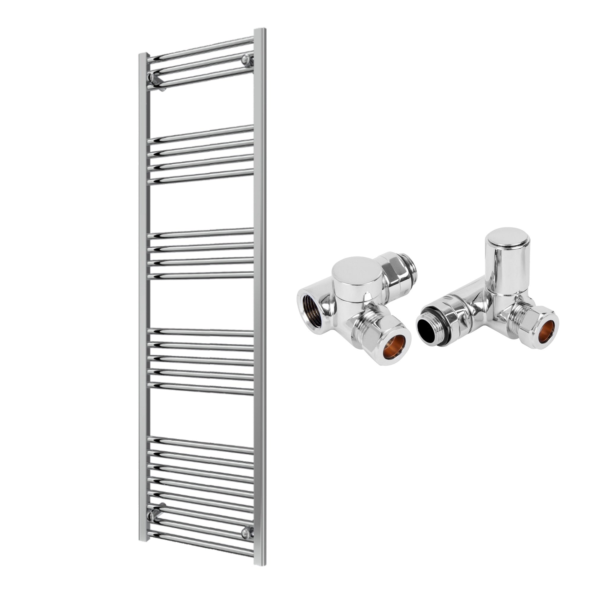 Reina Capo Flat Chrome Bathroom Heated Towel Rail 1600 x 500mm with Dual Fuel Manual Valves - Stylish Mild Steel Ladder Radiator