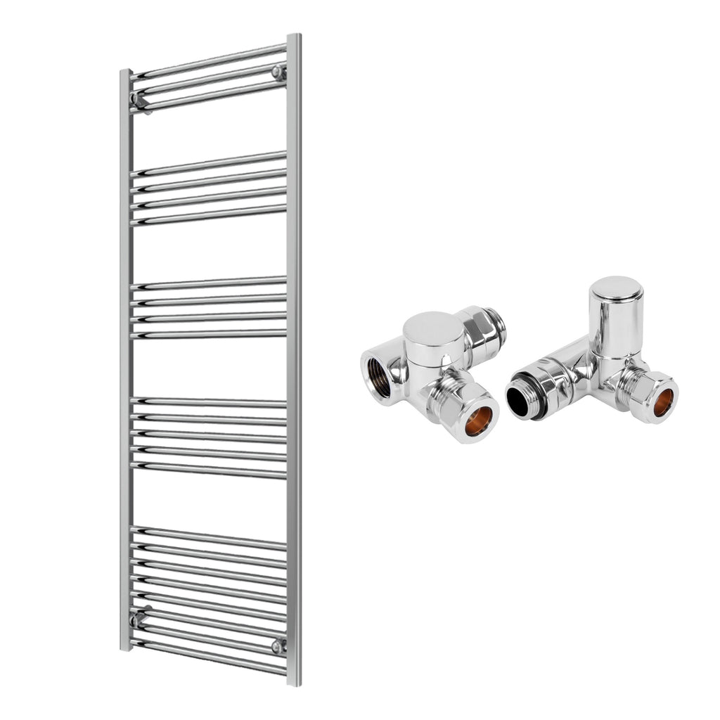 Reina Capo Flat Chrome Bathroom Heated Towel Rail 1600 x 600mm with Dual Fuel Manual Valves - Stylish Mild Steel Ladder Radiator