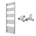 Reina Capo Flat Chrome Bathroom Heated Towel Rail 1600 x 600mm with Dual Fuel Manual Valves - Stylish Mild Steel Ladder Radiator