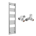 Reina Capo Flat Chrome Bathroom Heated Towel Rail 1800 x 400mm with Dual Fuel Manual Valves - Stylish Mild Steel Ladder Radiator