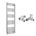 Reina Capo Flat Chrome Bathroom Heated Towel Rail 1800 x 500mm with Dual Fuel Manual Valves - Stylish Mild Steel Ladder Radiator