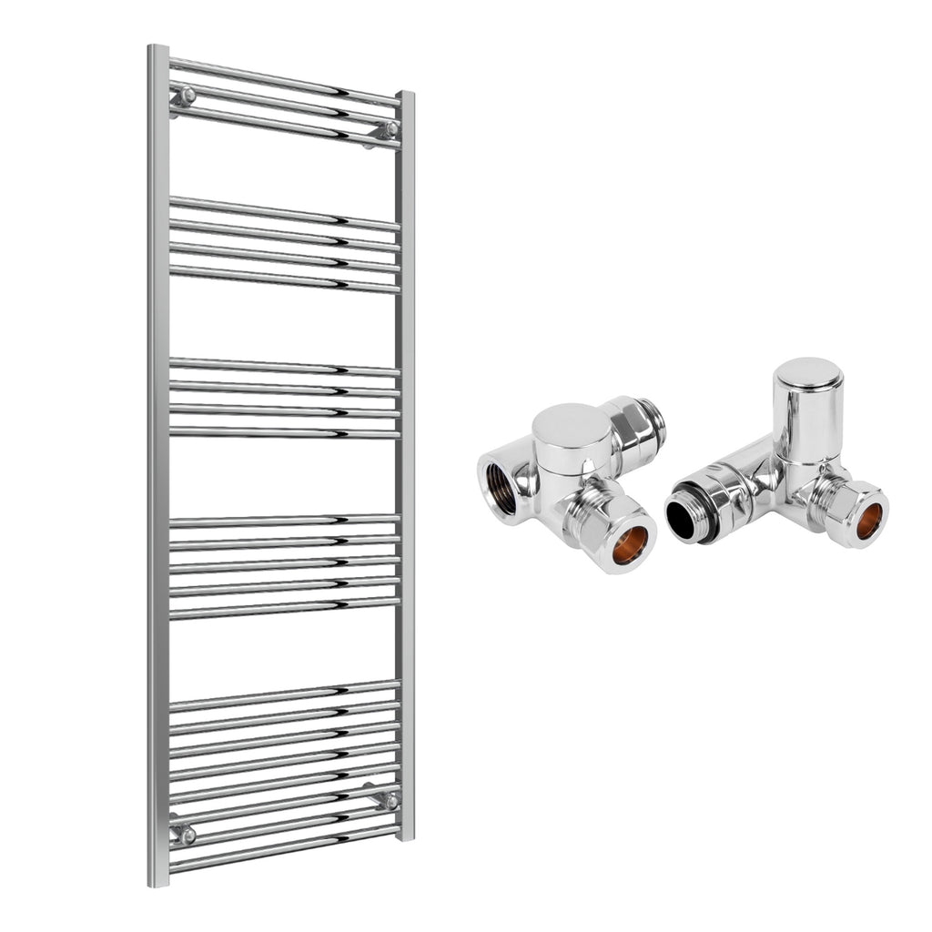 Reina Capo Flat Chrome Bathroom Heated Towel Rail 1800 x 600mm with Dual Fuel Manual Valves - Stylish Mild Steel Ladder Radiator