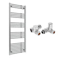 Reina Capo Flat Chrome Bathroom Heated Towel Rail 1800 x 600mm with Dual Fuel Manual Valves - Stylish Mild Steel Ladder Radiator
