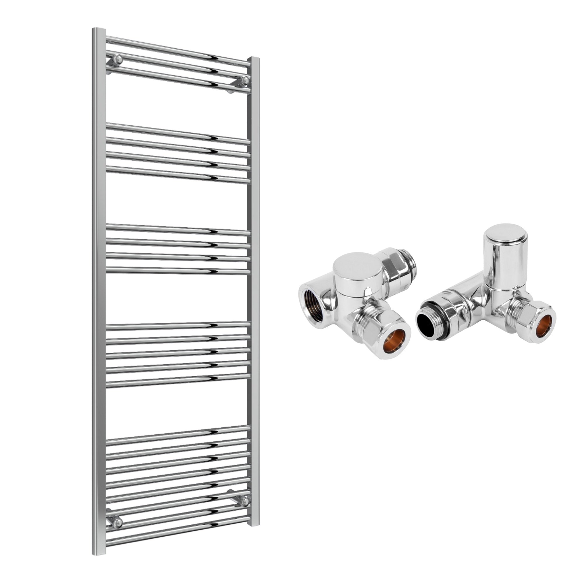 Reina Capo Flat Chrome Bathroom Heated Towel Rail 1800 x 600mm with Dual Fuel Manual Valves - Stylish Mild Steel Ladder Radiator
