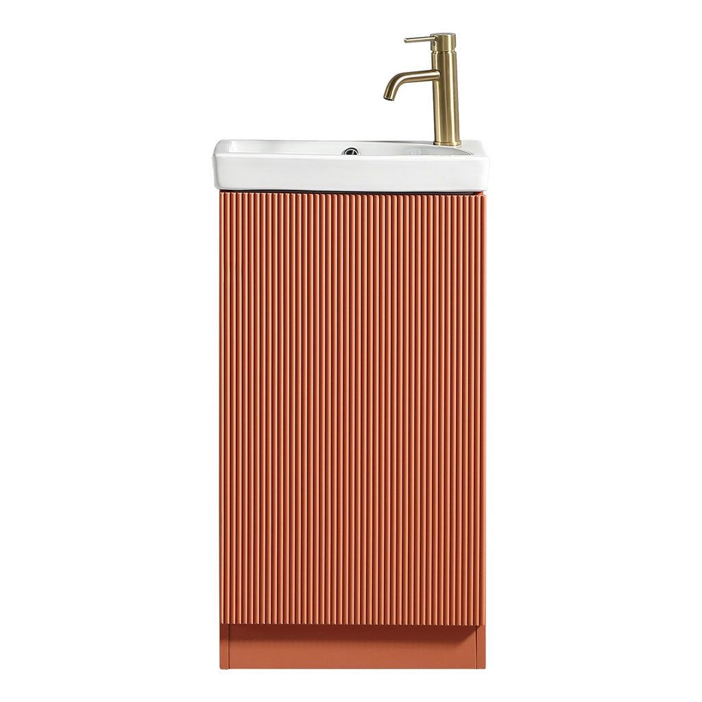 Fluted Mini Cloakroom Vanity Unit with Basin Floor Standing Soft Close Door Integrated Storage - Bruciata Orange