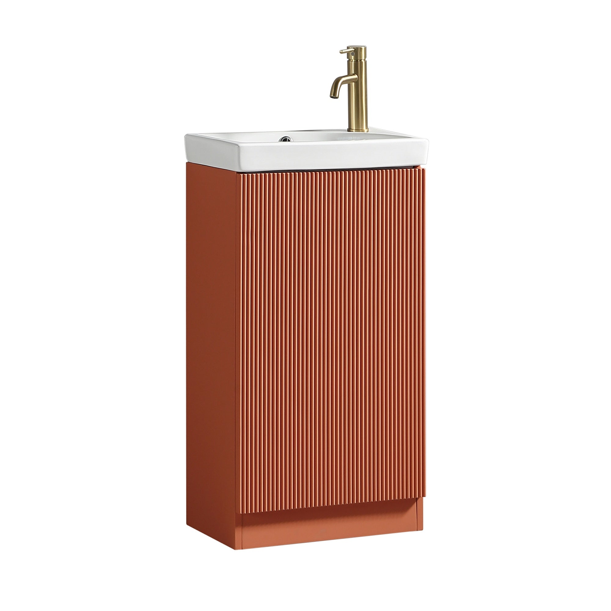 Fluted Mini Cloakroom Vanity Unit with Basin Floor Standing Soft Close Door Integrated Storage - Bruciata Orange