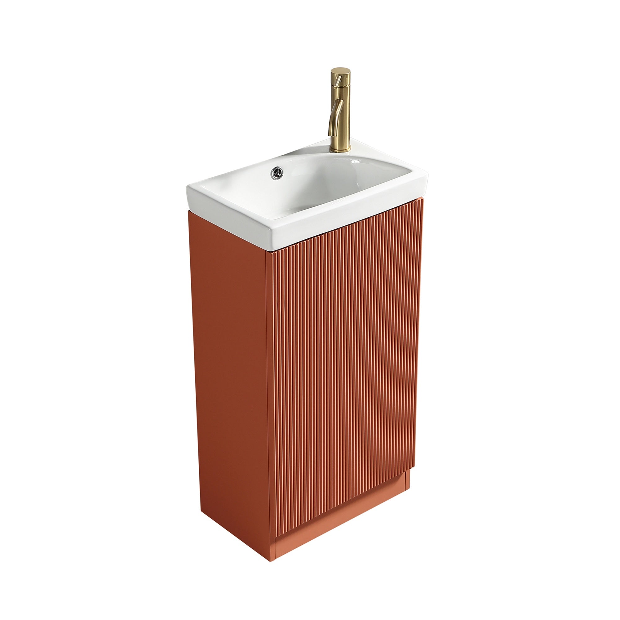 Fluted Mini Cloakroom Vanity Unit with Basin Floor Standing Soft Close Door Integrated Storage - Bruciata Orange