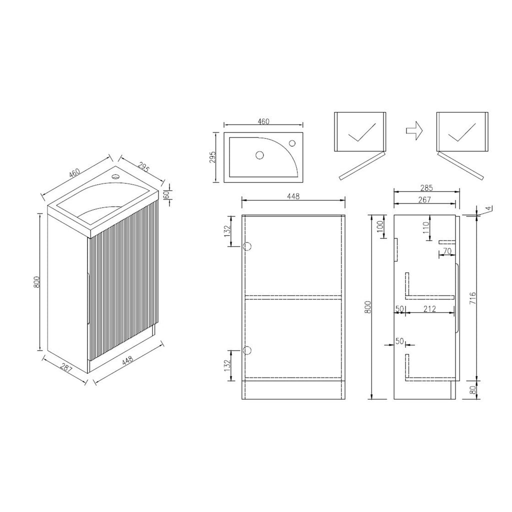 Fluted Mini Cloakroom Vanity Unit with Basin Floor Standing Soft Close Door Integrated Storage - Bruciata Orange