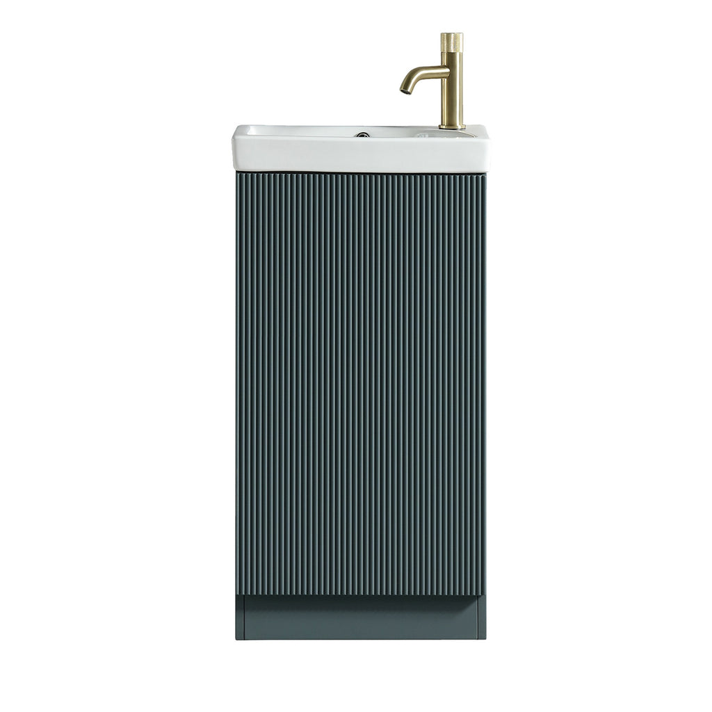 Fluted Mini Cloakroom Vanity Unit with Basin Floor Standing Soft Close Door Integrated Storage - Smoked Sage