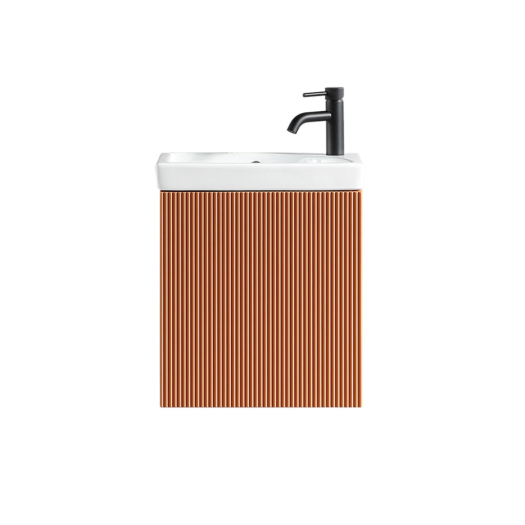 Fluted Mini Cloakroom Vanity Unit with Basin Wall Hung Soft Close Door Integrated Storage - Bruciata Orange