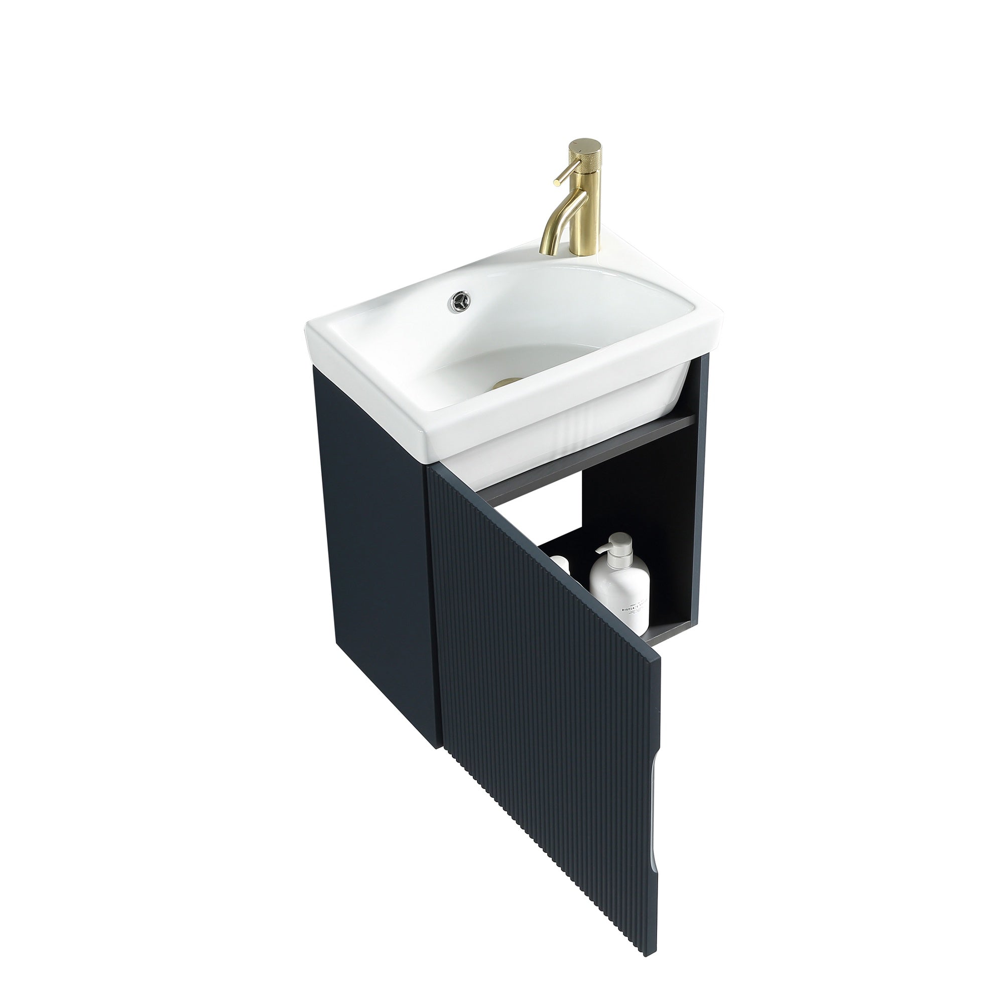 Fluted Mini Cloakroom Vanity Unit with Basin Wall Hung Soft Close Door Integrated Storage - Midnight Shadow
