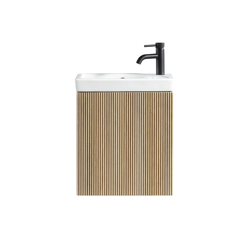 Fluted Mini Cloakroom Vanity Unit with Basin Wall Hung Soft Close Door Integrated Storage - Country Oak