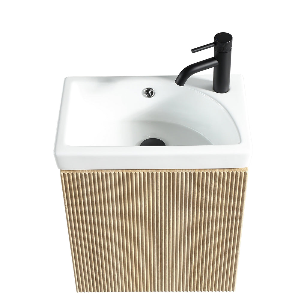 Fluted Mini Cloakroom Vanity Unit with Basin Wall Hung Soft Close Door Integrated Storage - Country Oak