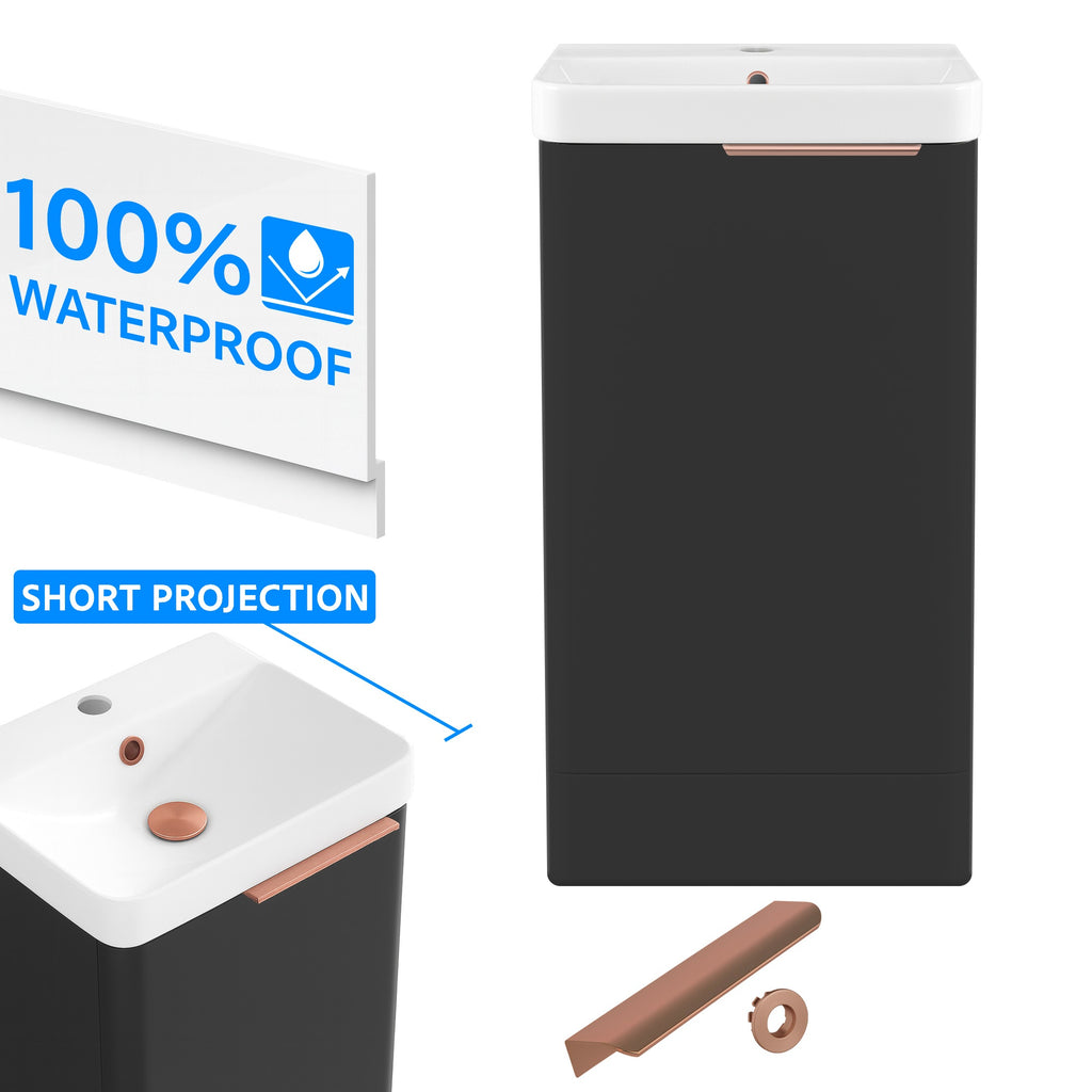 Bathroom Cloakroom Vanity Unit Compact Basin Sink Black 400mm Soft Close Cabinet - Brushed Copper Handle