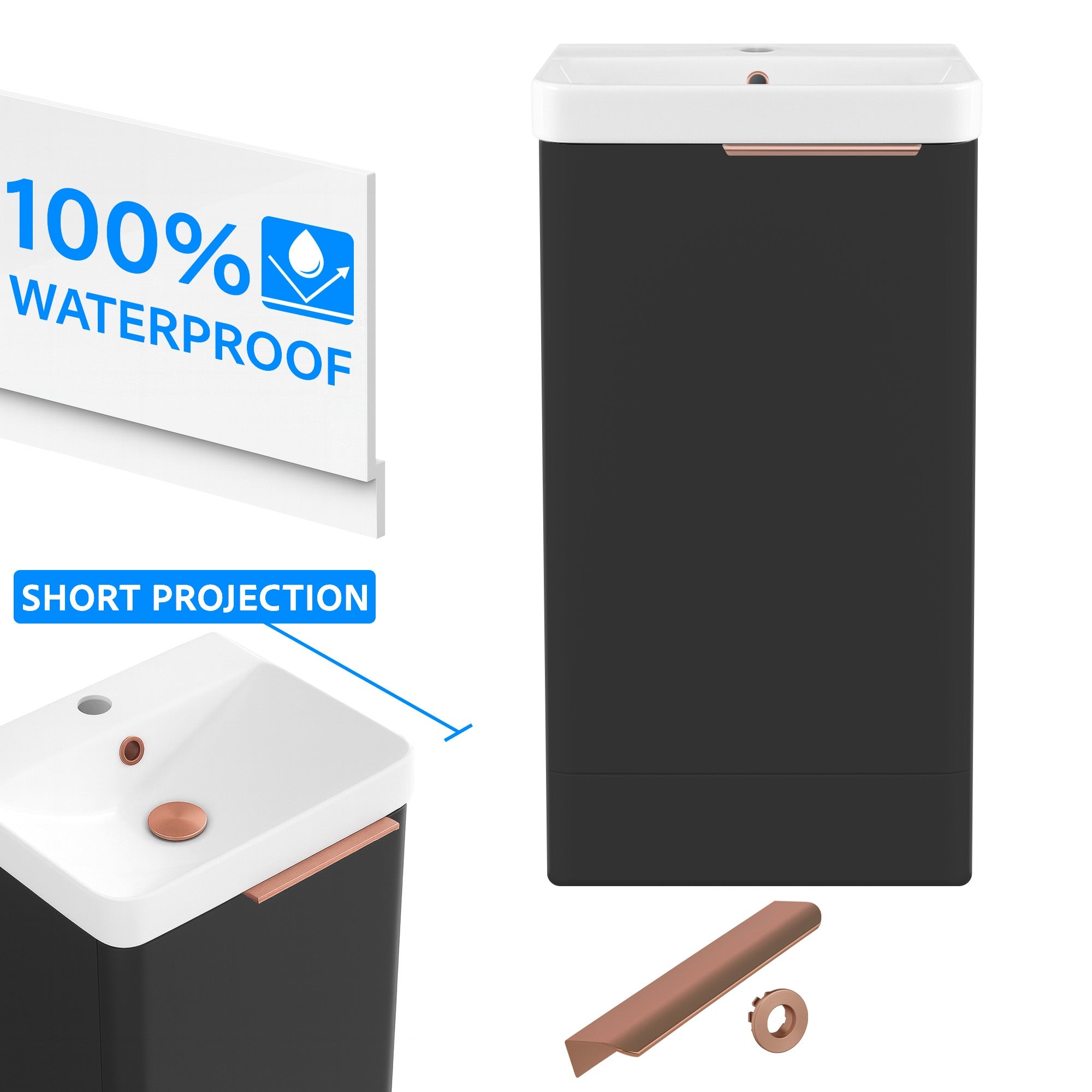 Bathroom Cloakroom Vanity Unit Compact Basin Sink Black 400mm Soft Close Cabinet - Brushed Copper Handle
